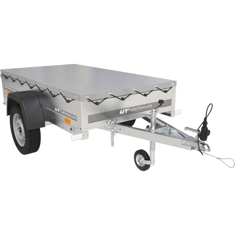 Garden Trailer 200 Kipp - PKW Anhänger 200x106 cm 750 kg, mit Graue Anhänger Flachplane und Stützrad; Auto Anhänger 750 kg mit Kippbarer V-Deichsel, Geöffnete Heckklappe Unitrailer von UNITRAILER