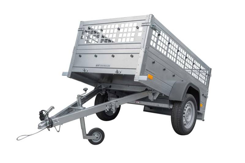 UNITRAILER Anhänger Garden Trailer 200 Kipp, Auto Anhänger 750 kg mi, Anhänger Gitteraufsatz, Kippbarer Deichsel und Stahlstützrad, Ladeflächenabmessungen 200x106 cm von UNITRAILER