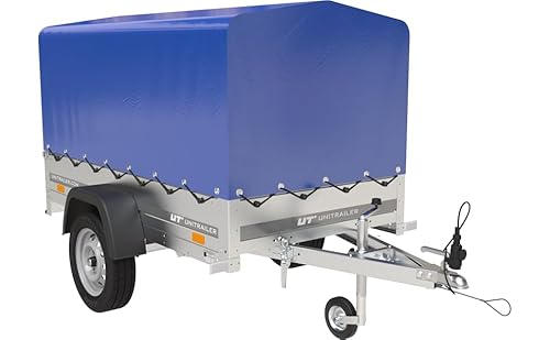 UNITRAILER Anhänger Garden Trailer 200 Kipp, Ladefläche: 200x106 cm, Max. Zulässiges Gesamtgewicht 750 kg – Auto Anhänger mit Hochspriegel, Blauer Anhängerplane Hochplane und Stützrad von UNITRAILER