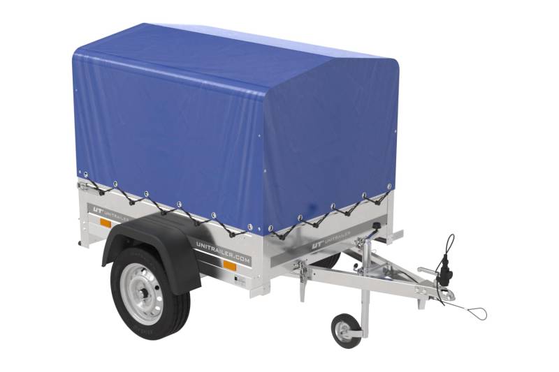 UNITRAILER PKW Anhänger 150 Kipp, 150x106 cm, mit Blauer Hochplane, Hochspriegel und Stützrad - Anhänger Aufbau, Auto Anhänger von UNITRAILER