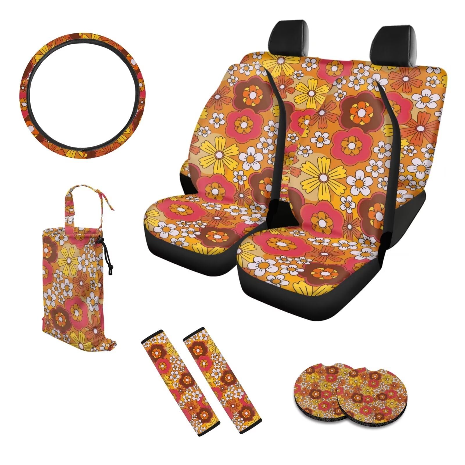UOIMAG 70S Floral Sitzbezüge für Autos für Damen, Hippie-Blume, Lenkradbezug, komplettes Set, 10 Stück von UOIMAG