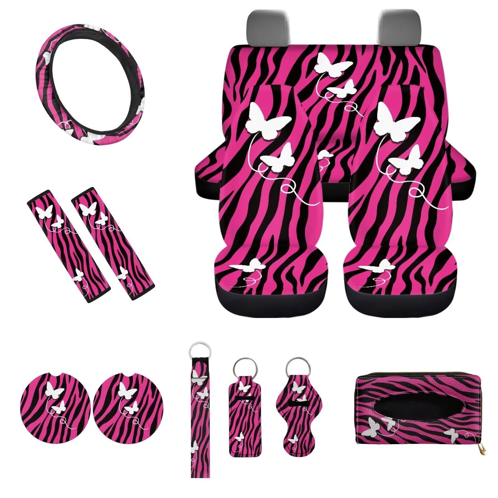 UOIMAG Autositzbezüge für Damen, Motiv: Schmetterling auf Zebra, komplettes Set, 13-teilig, Autozubehör, rosa Lenkradbezug mit Getränkehalter, Untersetzer, niedliche Schlüsselanhänger von UOIMAG