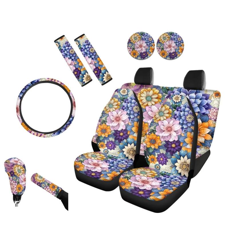 UOIMAG Boho Bright Blossom Autositzbezug für Damen, Blumenmuster, Lenkradbezug-Set mit Schaltknaufbezug von UOIMAG