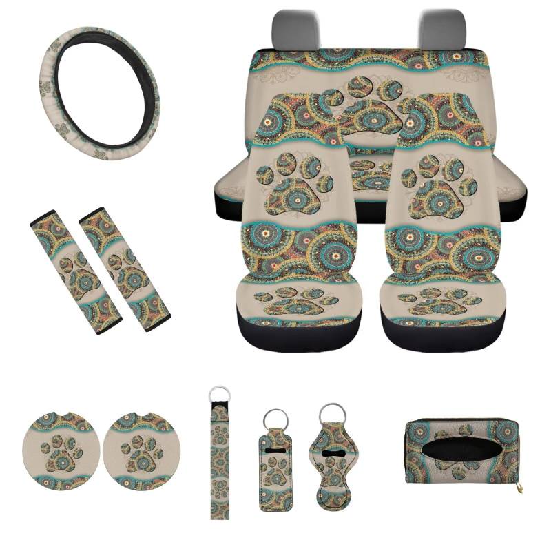 UOIMAG Boho-Hundepfoten-Sitzbezug für Autos, Mandala-Blumenmuster, komplettes Set, Vorder- und Rückseite, geteilte Sitzbank, 13 Stück von UOIMAG