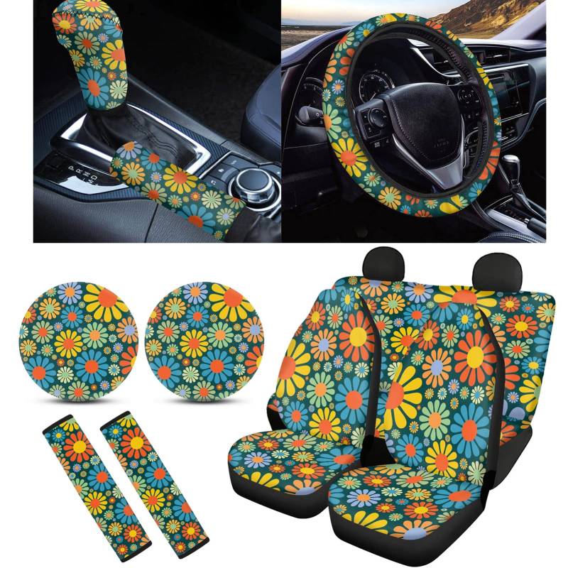 UOIMAG Niedliches Gänseblümchen-Sitzbezug-Set für Damen, Blumenmuster, Auto-Lenkradbezug-Set, Hippie-Blumen-Untersetzer von UOIMAG