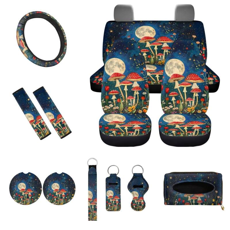 UOIMAG Starry Night Pilz-Sitzbezüge für Autos, komplettes Set, ästhetisches Autozubehör, Universal-Lenkradbezug mit Schlüsselanhängern, 13-teilig von UOIMAG