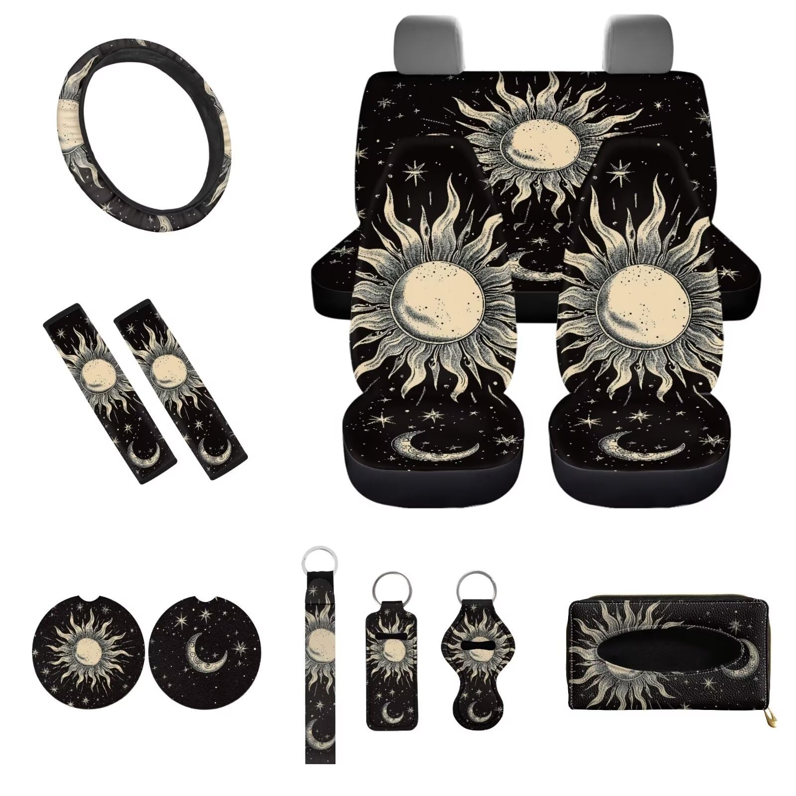 UOIMAG Sun Moon Star Sitzbezüge für Autos, komplettes Set, 13-teilig, Vintage-Autozubehör mit weichem Lenkradbezug, Taschentuchbox-Halter von UOIMAG