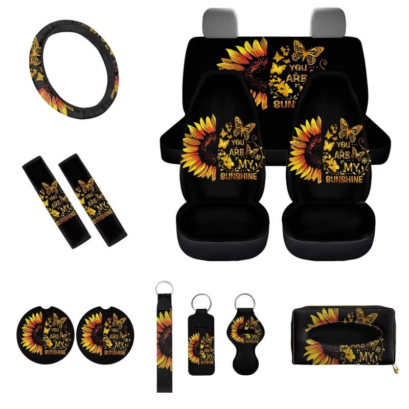 UOIMAG Sunflower Butterfly Autositzbezüge You Are My Sunshine, Autozubehör, komplettes Set, 13-teilig, Blumen-Lenkradbezug mit Taschentuchhalter von UOIMAG