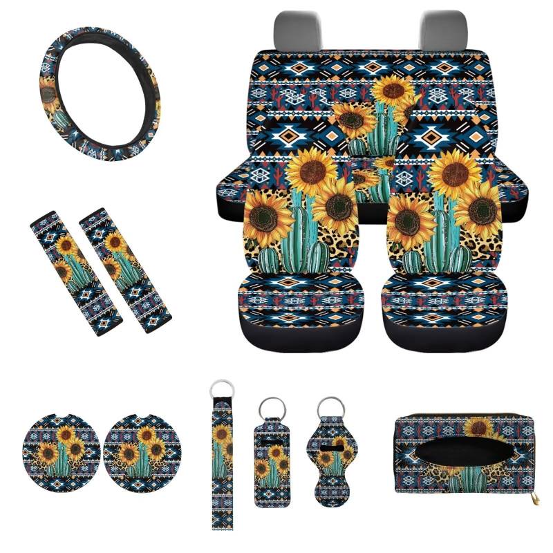 UOIMAG Western Aztec Autositzbezüge, Sonnenblumenkaktus, Autozubehör, komplettes Set mit Lenkradbezug, Taschentuchbox-Halter, 13-teilig von UOIMAG