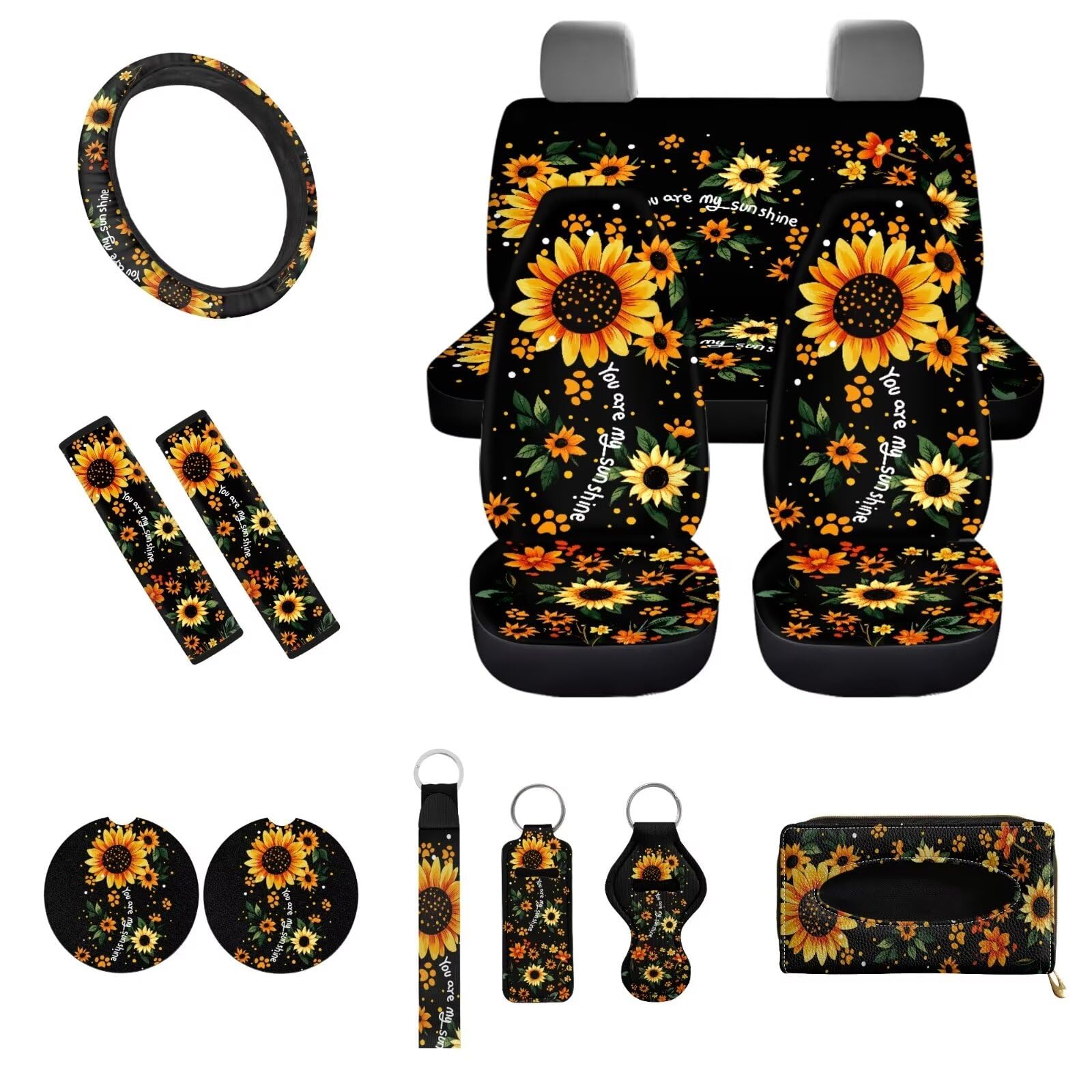 UOIMAG You Are My Sunshine Autositzbezüge, komplettes Set, 13-teilig, Sonnenblumen-Lenkradbezug mit Hundepfoten, floralem Sicherheitsgurtpolster, niedliche Schlüsselanhänger von UOIMAG