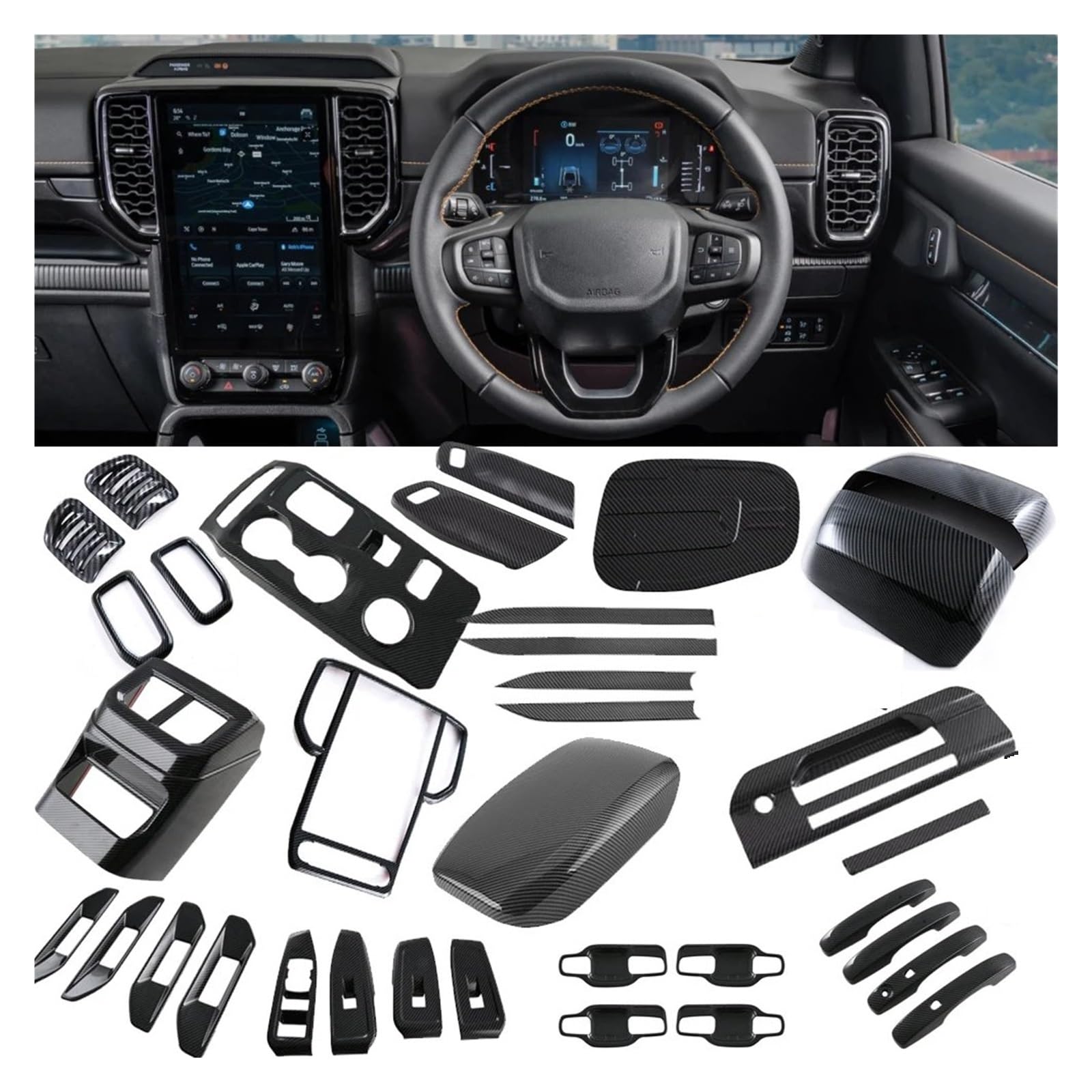 Interieur Dekor Rechtslenker Für Ford Für Ranger T9 2023 + ABS Carbon Faser Muster Auto Innen Außen Abdeckung Trim Dekoration Auto Zubehör Auto Zubehör Innenraum(All) von URAGER