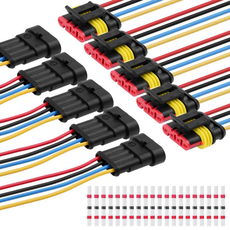 URAQT 4 Polig Kabel Steckverbinder Stecker, 5 Sätze Wasserdichter Stecker Kabel Steckverbinder Stecker mit Kabel 16 AWG Marine für Auto KFZ LKW Kayak Boote Roller Motorrad (mit 20pcs Lötverbinder) von URAQT