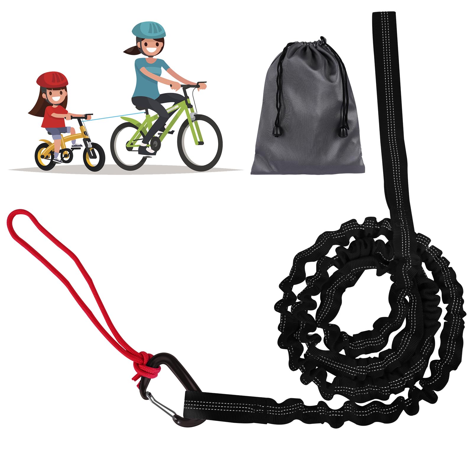 URAQT Abschleppseil Fahrrad Kinder,3 Meter Fahrrad Abschleppseil Kinder Selbsteinziehend Tragfähigkeit 500 lbs Elastisch Recovery Tow Strap Abschleppgurt für Kinder Fahrrad MTB Mountainbike Schwarz von URAQT