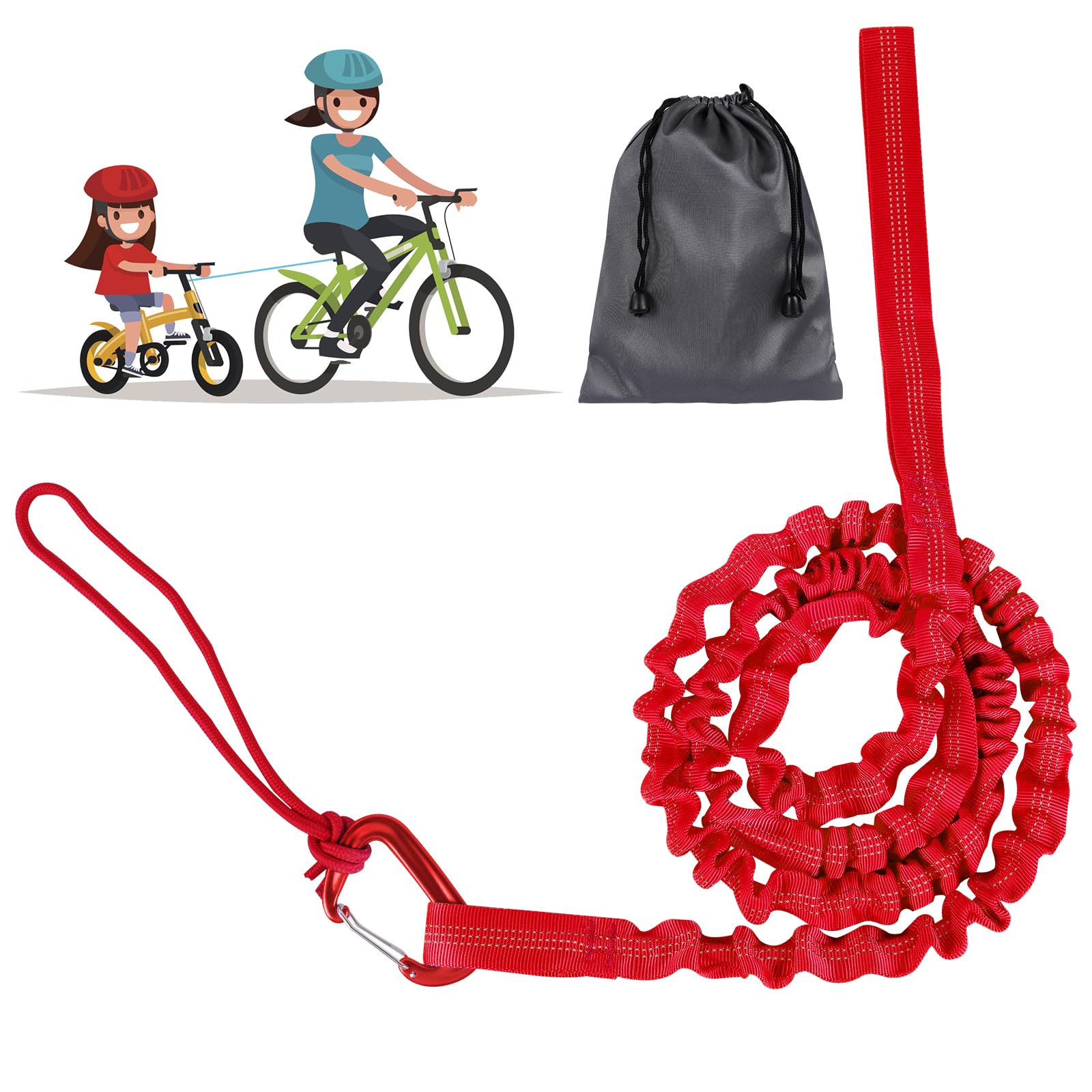 URAQT Abschleppseil Fahrrad Kinder,3 Meter Fahrrad Abschleppseil Kinder Selbsteinziehend Tragfähigkeit 500 lbs Elastisch Recovery Tow Strap Abschleppgurt für Kinder Fahrrad MTB Oder Mountainbike Rot von URAQT