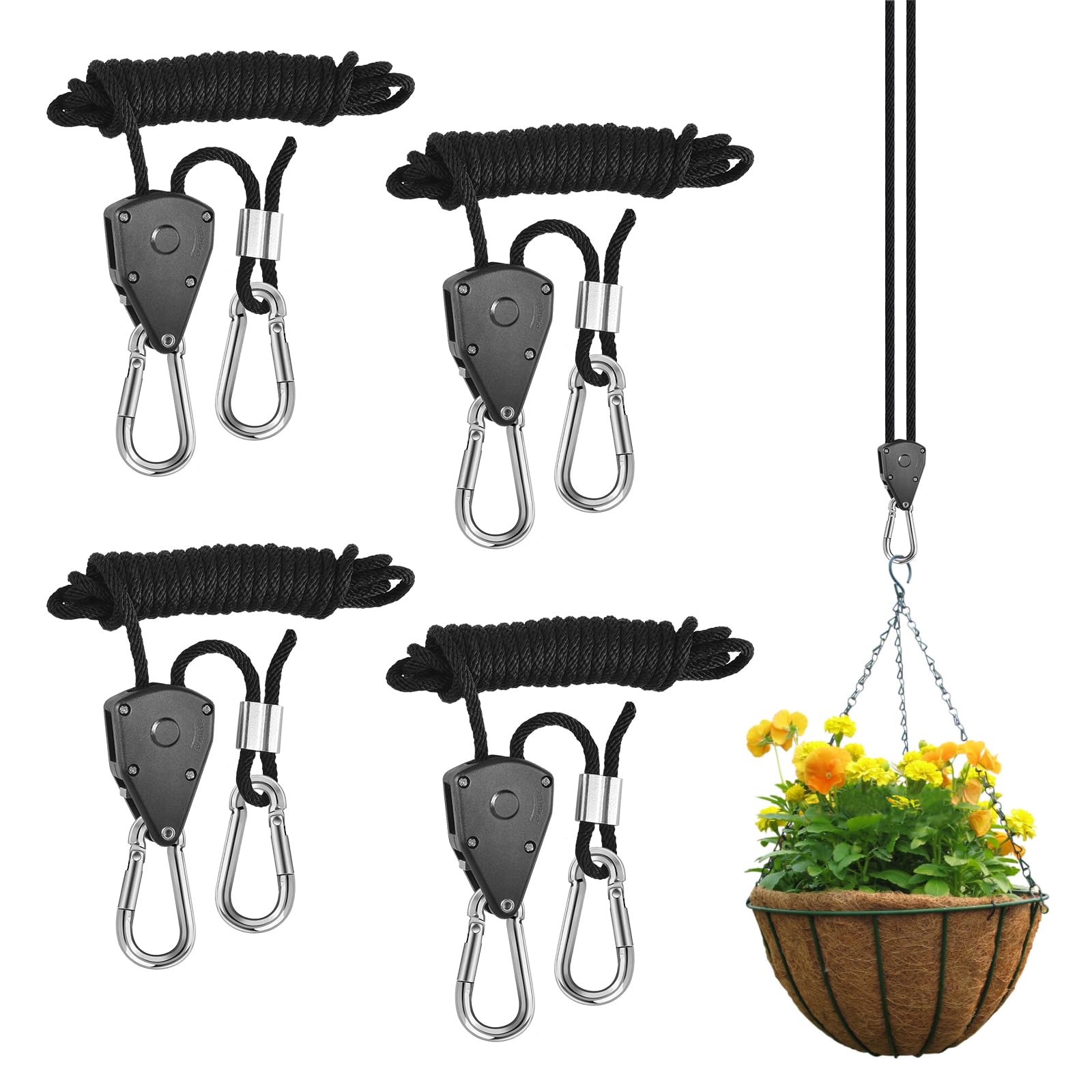 URAQT Ratchet Hanger Seilratsche, 4 Stück 2.4 M 1/8 Zoll Verstellbarer Seil Ratsche 150lb Seilaufhänger Ratschenseil Camping mit Haken für Pflanzenventilator Licht Zimmerpflanzen von URAQT