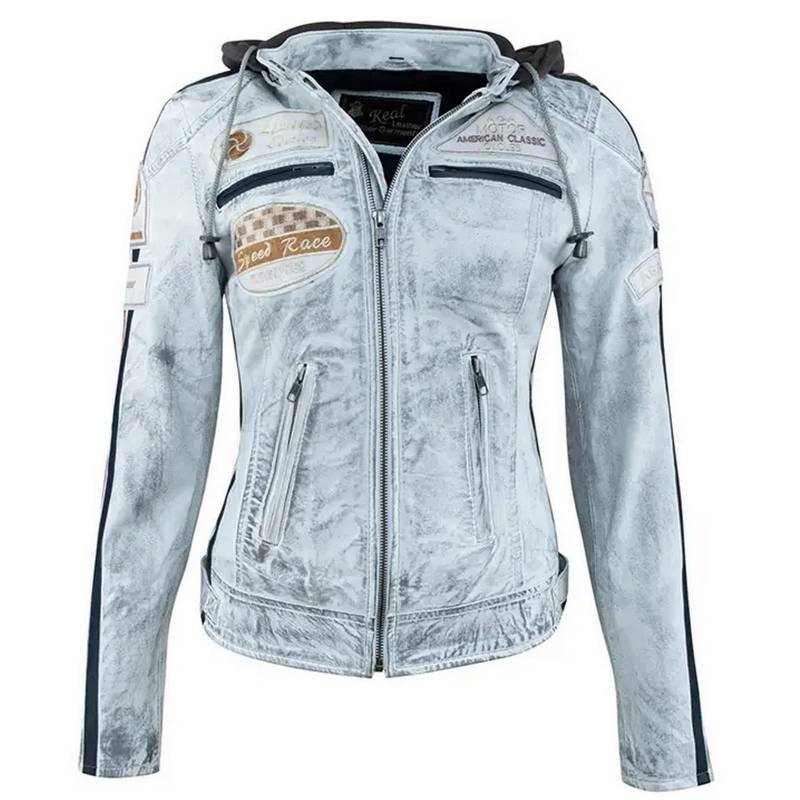 Motorradjacke Damen Mit Protektoren, URBAN 5884 , Damenjacke aus Lammleder, Protektoren für Rücken, Schultern und Ellenbogen, Vintage Grau, 5XL von Urban Leather