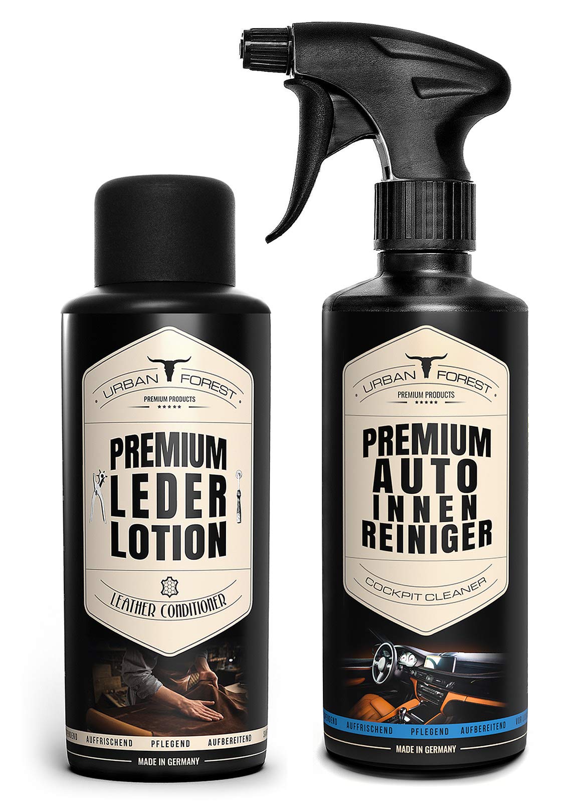 URBAN Forest® Profi Autopflege Set | Leder Lotion für Auto Lederpflege + Auto Innenraum Reiniger/Cockpit Reiniger 2x500ml | Premium Auto-Aufbereitung Set für Kunststoff, Polster, Leder & Armaturen von · URBAN FOREST · PREMIUM PRODUCTS