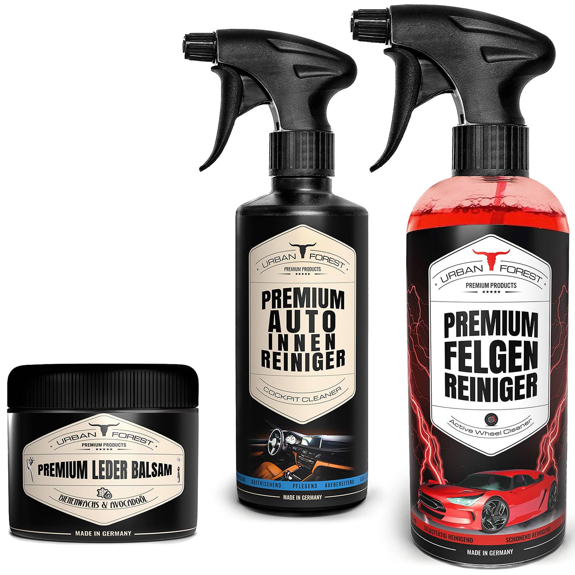 Auto Reiniger SPARSET | Auto Innenraum Reiniger & Innenraumpflege 500ml + Felgen Reiniger 1000ml + Premium Leder Balsam für professionelle Lederpflege 250ml Made in Germany von URBAN Forest von · URBAN FOREST · PREMIUM PRODUCTS