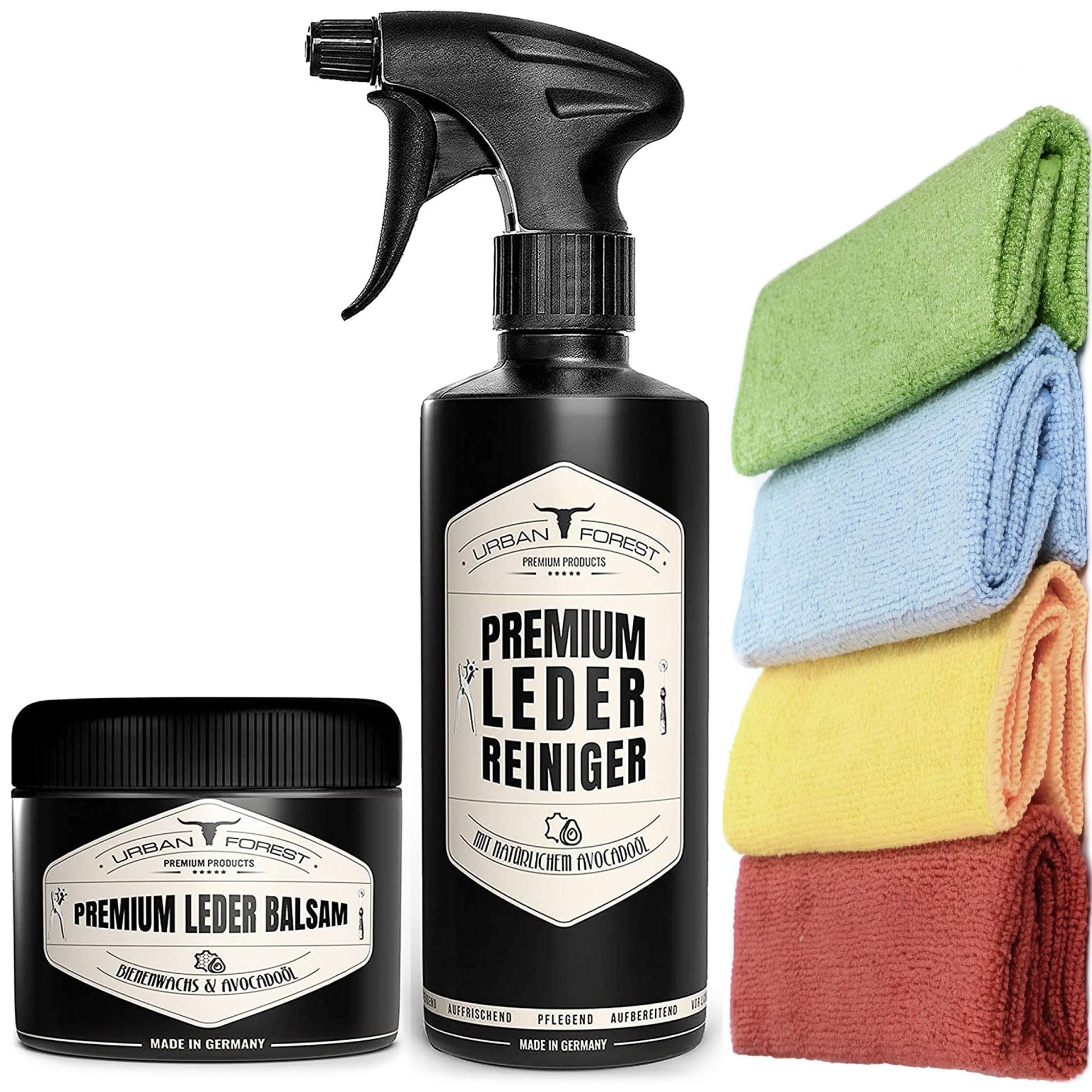 Sparset Lederpflege Lederreiniger 500ml + Leder Balsam 250ml + 4 Mikrofasertücher, Pflegemittel, Ledersitze, Lederbalsam für die Autopflege, Milde Lederpflege Made in Germany von URBAN FOREST von · URBAN FOREST · PREMIUM PRODUCTS