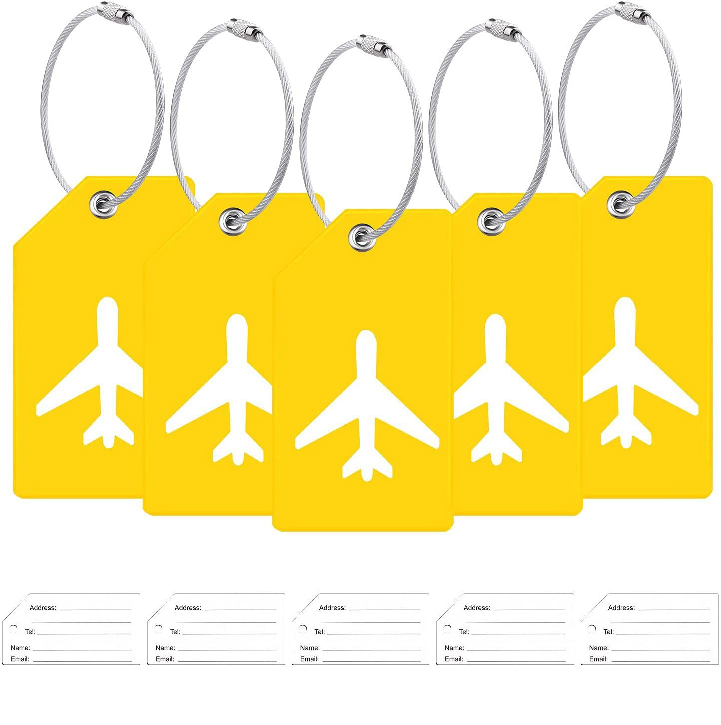 URFEDA 5 x Kofferanhänger mit Adressschild, Aluminium Gepäckanhänger Koffer Schild mit Edelstahlkabel und wasserdichte PVC Namensschild, Luggage Tags für Gepäck Koffer Tasche Handtasche von URFEDA