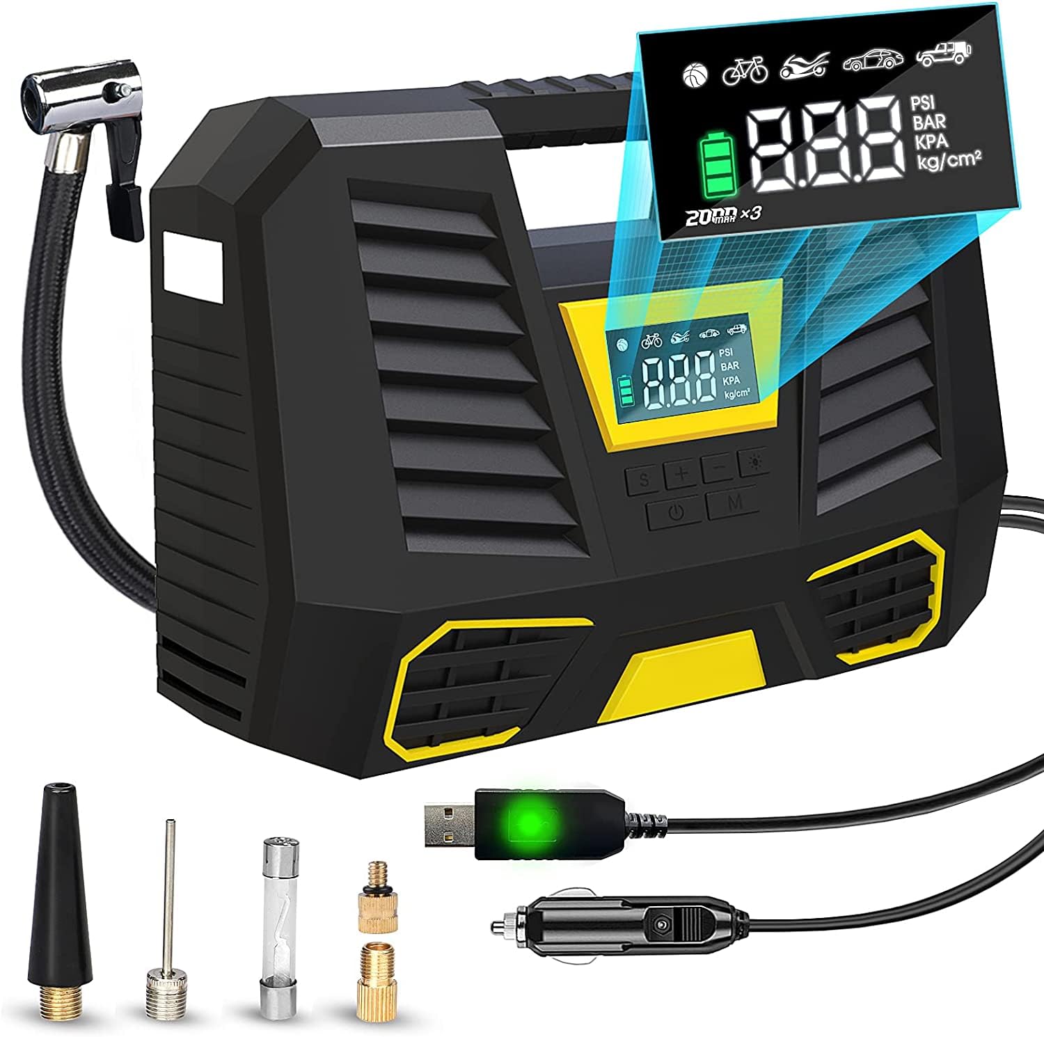 Elektrische Luftpumpe 12V DC & 6000mAh 150PSI(10,3Bar), Tragbar Akku Kompressor für Auto Fahrrad Motorräder Ball, Fahrradpumpe mit Zubehör LED-Licht Auto-off von USERCENT