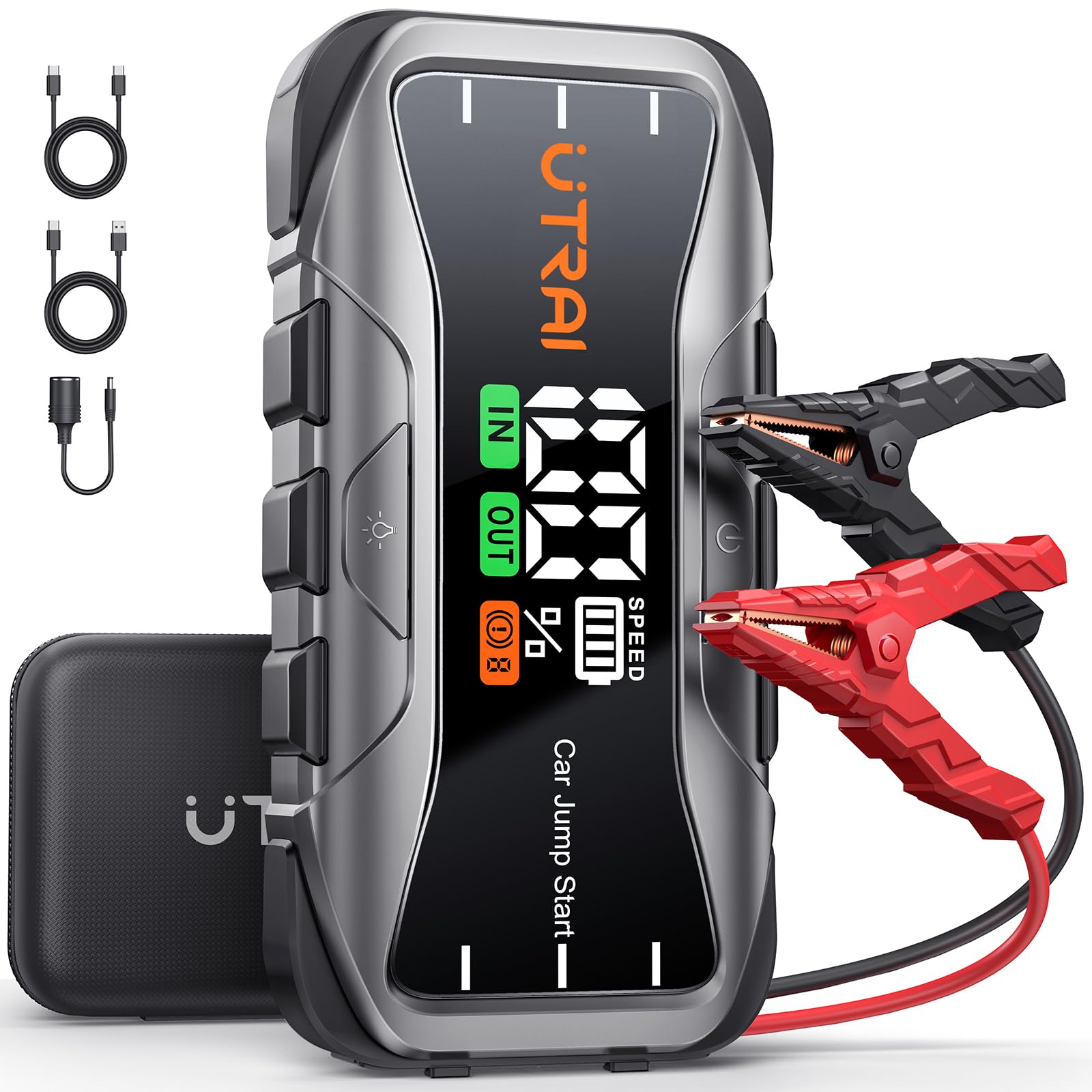 UTRAI Auto Starthilfe Powerbank 6000A, PD65W In/Out Schnellladung Starthilfe Powerbank für All Benzin und 12.0L Diesel, Starter Powerbank Auto Starthilfe mit 600 Lumen LED Taschenlampe von UTRAI