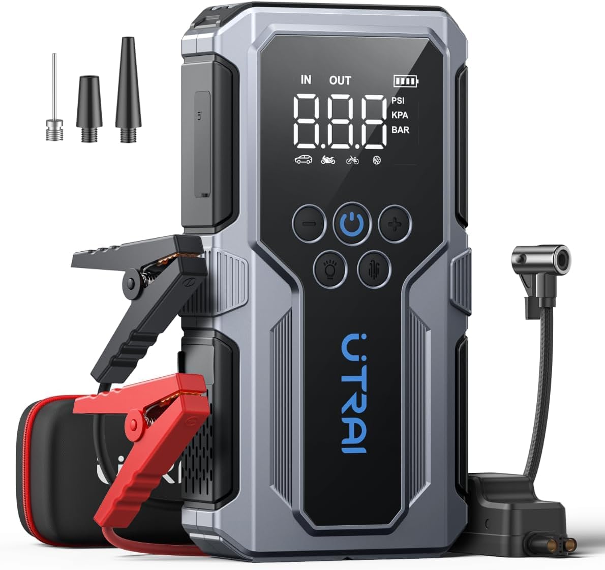 UTRAI Starthilfe Powerbank,150PSI 4000A Auto Starthilfe Powerbank mit Kompressor,Starter powerbank mit LED,USB, 18W Schnelles Aufladen für 12V Fahrzeuge Jump Starter(bis zu 8,5L Benzin,6.5L Diesel) von UTRAI