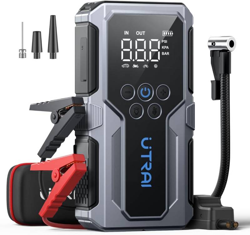 UTRAI Starthilfe Powerbank,150PSI 4000A Auto Starthilfe Powerbank mit Kompressor,Starter powerbank mit LED,USB, 18W Schnelles Aufladen für 12V Fahrzeuge Jump Starter(bis zu 8,5L Benzin,6.5L Diesel) von UTRAI