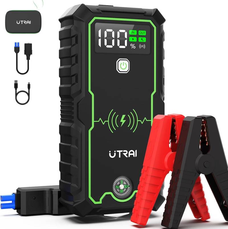 UTRAI 6000A Starthilfe Powerbank, 27000mAh(Alle Benzin/ 8,5L Diesel) Auto Starthilfe Powerbank für 12V Starter Powerbank, 10W drahtlose Schnellladung Aufladung, LED Taschenlampe Kompass von UTRAI