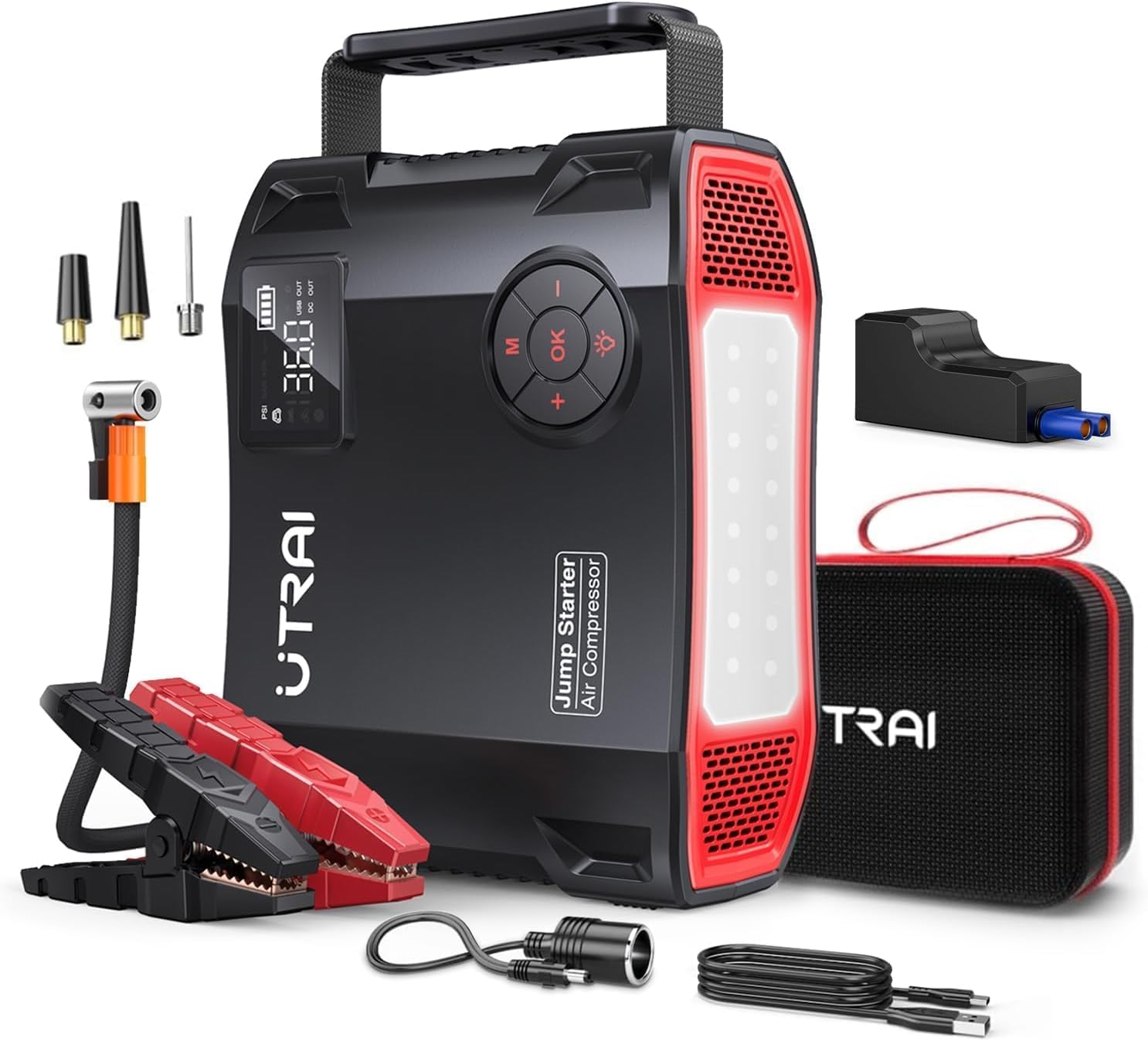 UTRAI Starthilfe Powerbank,5000A 150PSI Kompressor, 5-in-1 Powerbank Auto Starthilfe,27000mAh Tragbare Starter Powerbank Starthilfegerät mit QC3.0 Schnelles Aufladen,LED Taschenlampe von UTRAI