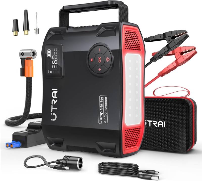 UTRAI Starthilfe Powerbank,6000A 150PSI Kompressor, 5-in-1 Powerbank Auto Starthilfe,27000mAh Tragbare Starter Powerbank Starthilfegerät mit QC3.0 Schnelles Aufladen,LED Taschenlampe von UTRAI