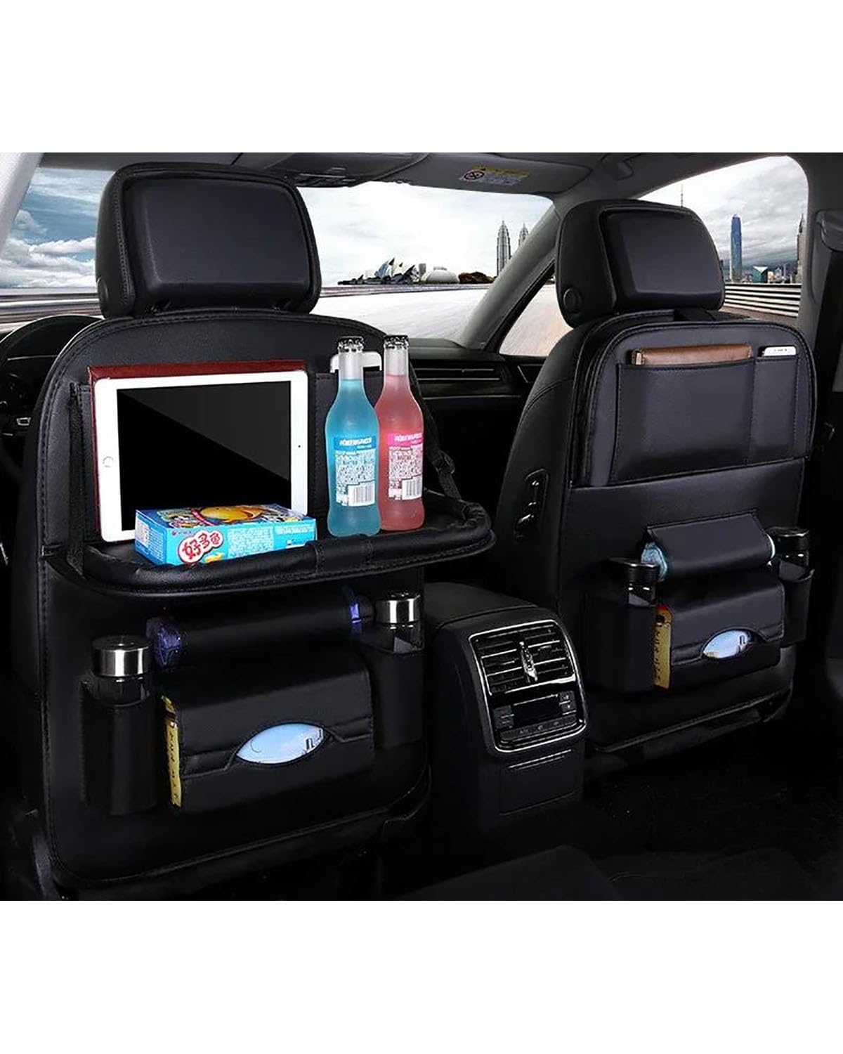 Auto Organizer Autositz-Rückenlehnen-Organizer Mit Faltbarem Tischtablett Aufbewahrungs-Organizer Aus PU-Leder Mit Taschen Trittmatten Sitzinnenausstattung Autositz Organizer(Black) von UUIUYGH