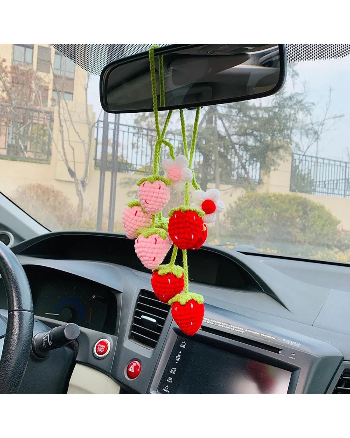 Autodekoration Nette Erdbeere Blume Auto Zubehör Spiegel Hängen Charme Dekor Obst Teenager Innen Rückspiegel Dekoration Teile Auto Hängende Ornamente(Pink) von UUIUYGH