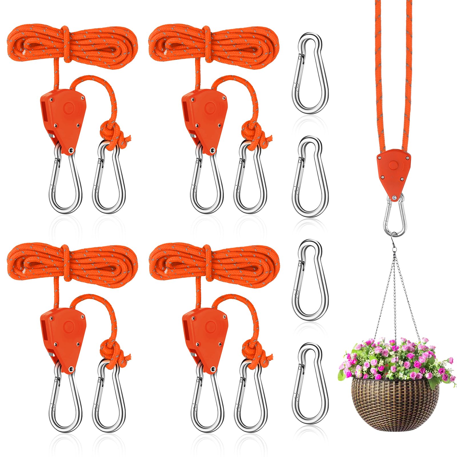 4 Stück Ratchet Hanger Verstellbarer Seilaufhänger 2M, 1/8 Zoll Ratschenseil Seilzugratsche Ratschenhaken Einstellbare Seil Seilhaken Ratsche Seilratsche für Zimmerpflanzen Freien Zelt (Orange) von UVVRUR