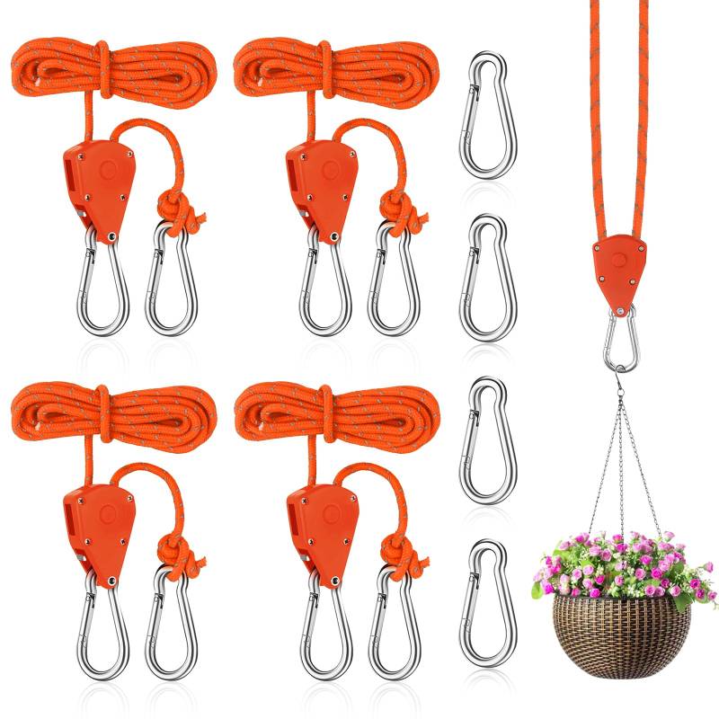 4 Stück Ratchet Hanger Verstellbarer Seilaufhänger 2M, 1/8 Zoll Ratschenseil Seilzugratsche Ratschenhaken Einstellbare Seil Seilhaken Ratsche Seilratsche für Zimmerpflanzen Freien Zelt (Orange) von UVVRUR