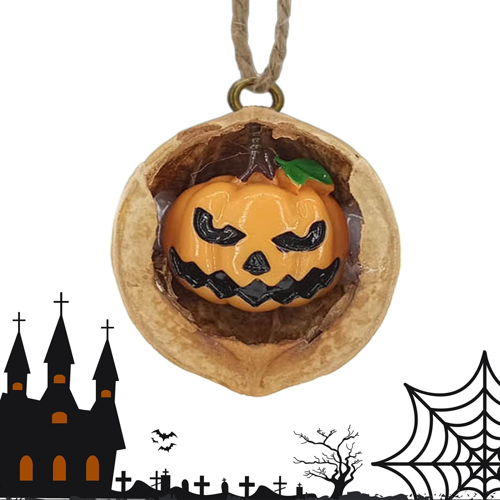 Uhngw Halloween-Autodekoration, Halloween-Baumschmuck - Gruseliger Walnussschalen-Geisterauto-Deko-Anhänger,Auto-Innenzubehör, Halloween-Anhänger für Wohnzimmer, Zuhause, Fahrzeug von Uhngw