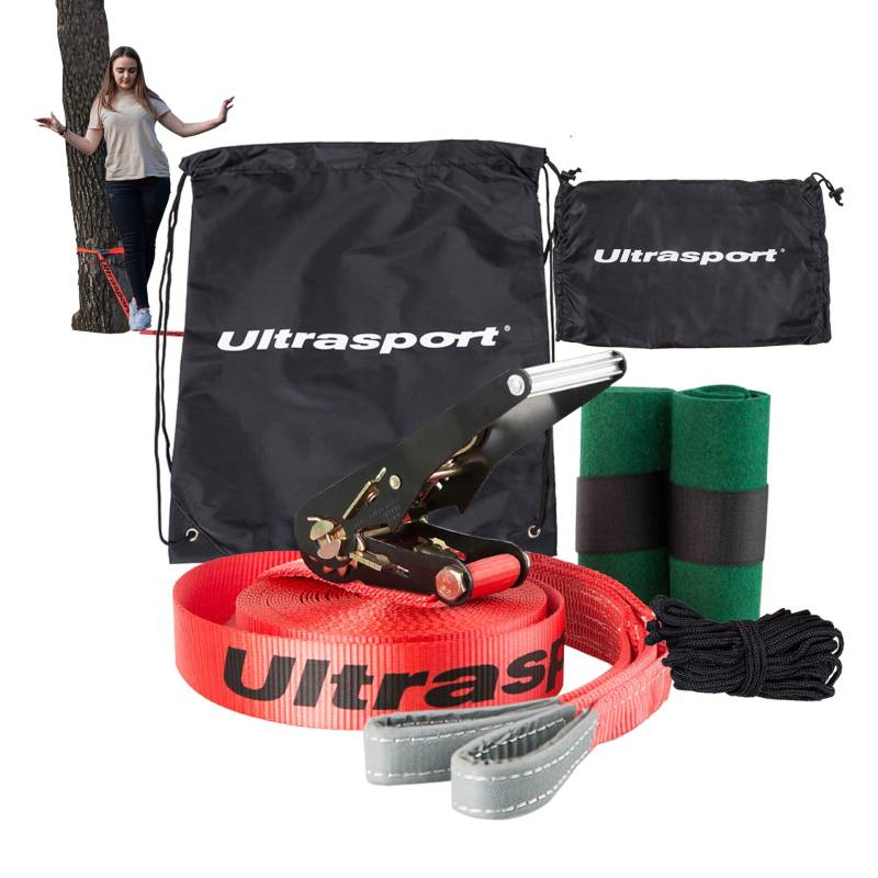 Ultrasport 15m Slackline Advance mit Ratsche inkl. Tragetasche, Slackline für Anfänger, Kinder und Familien, erhältlich mit Baumschutz, Slackline-Set, Fitness Slackline, rot von Ultrasport