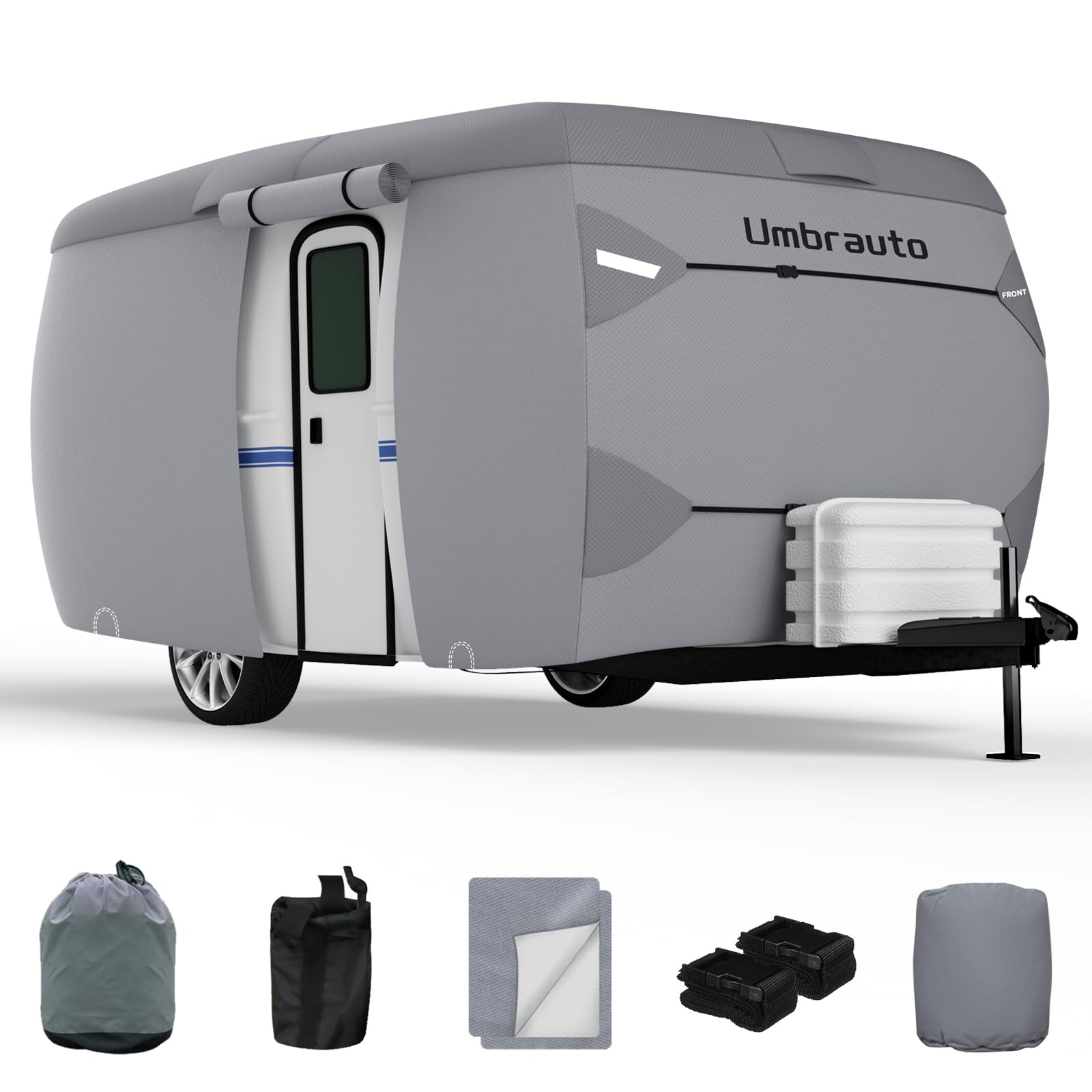 Umbrauto Verbesserte Fiberglas-Reiseanhänger-Abdeckung, passend für 2,4 - 3,4 m Anhänger, winddicht, 7 Schichten, Abdeckung für Wohnmobile, Wohnmobile, mit winddichtem Gurt, selbstklebender von Umbrauto