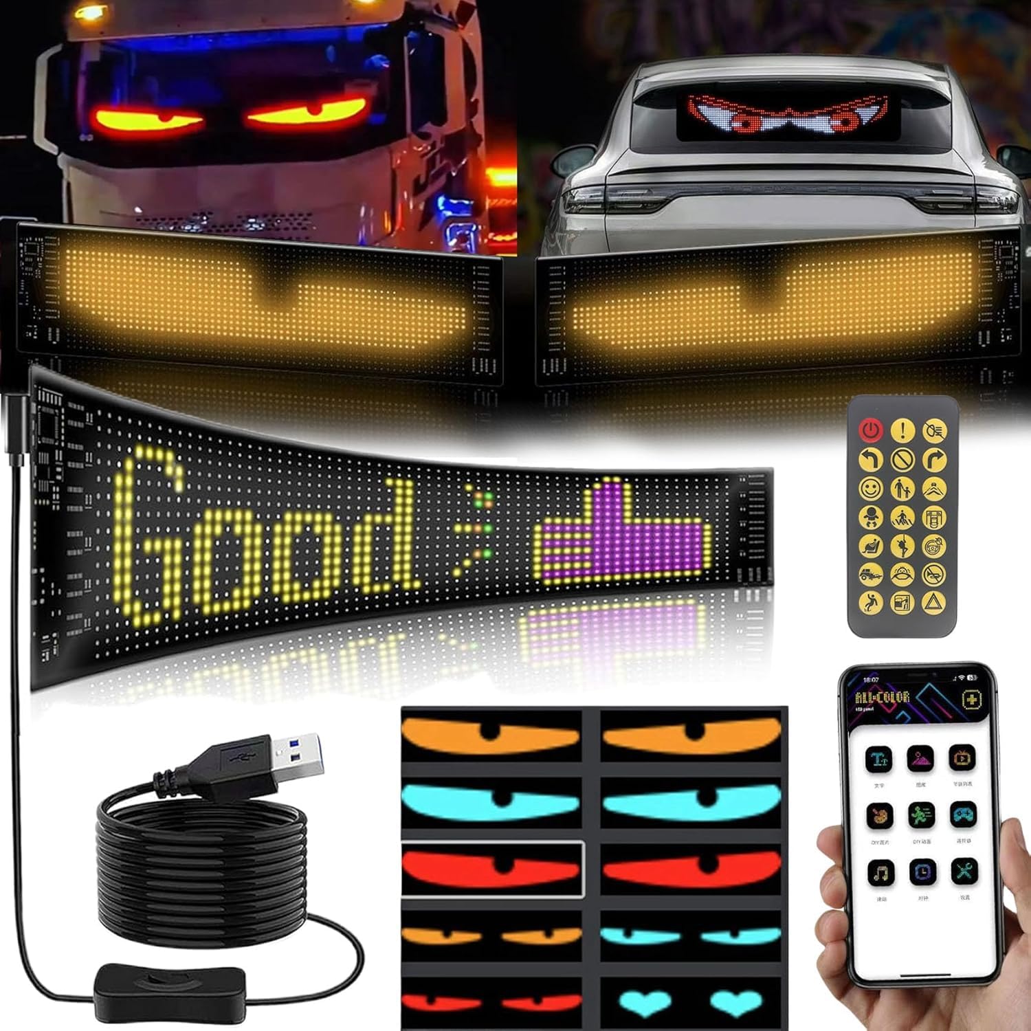 Umikk LED Augen für LKW und Auto, DIY Car Dynamic LED Smart Colorful Eye Lamp Soft Screen, Devil Eyes, USB Flexibles Bluetooth App-Steuerungsdisplay, Led Eyes for Car Window (10.2 X 34.8CM) von Umikk