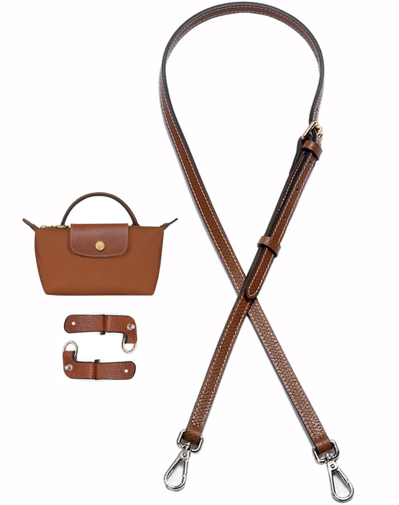 Umiup Schultergurt für Longchamp Leder Geldbörsenriemen für Umrüstsatz, Schulterriemen aus Leder für Minitaschen, Original Mini Tasche Pouch Bag Strap, Verstellbarer Ersatz Umhängegurt(Brown+Silver B) von Umiup