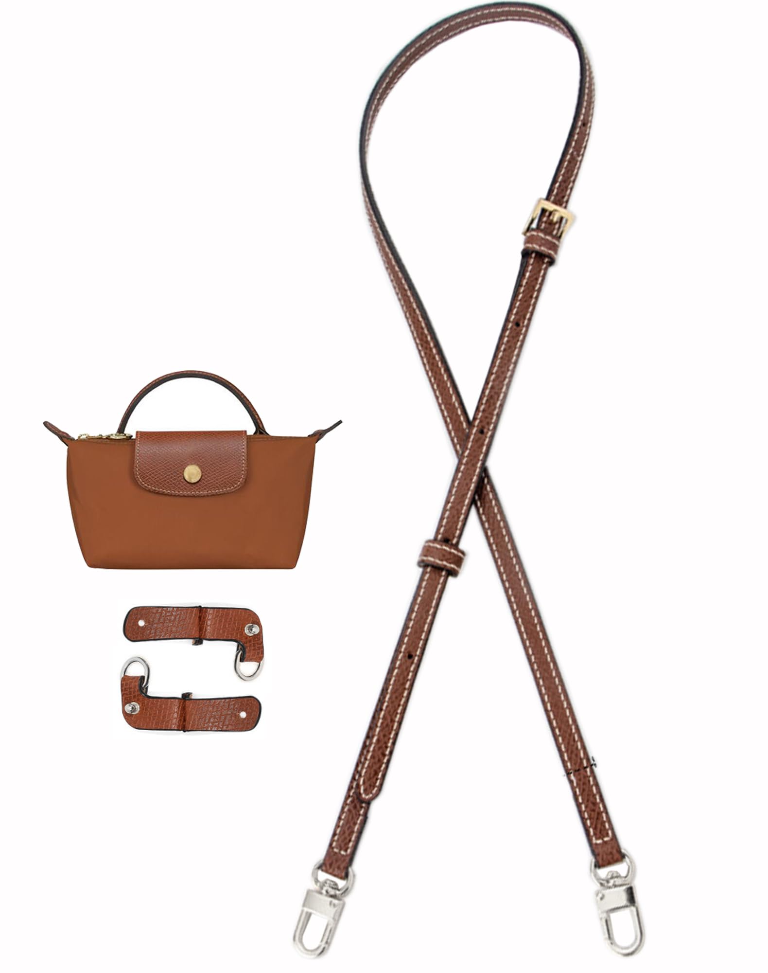 Umiup Schultergurt für Longchamp Leder Geldbörsenriemen für Umrüstsatz, Schulterriemen aus Leder für Minitaschen, Original Mini Tasche Pouch Bag Strap, Verstellbarer Ersatz Umhängegurt(Brown+Silver A) von Umiup