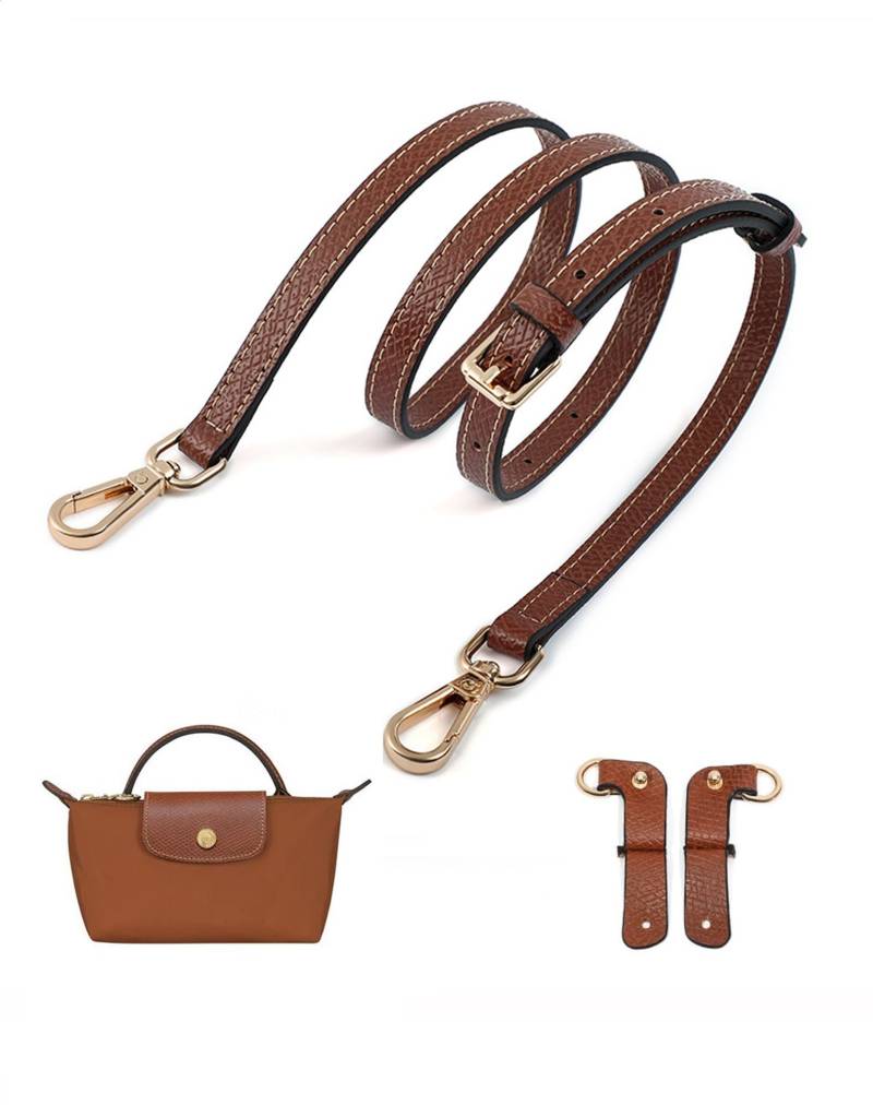 Umiup Schultergurt für Longchamp Leder Geldbörsenriemen für Umrüstsatz, Schulterriemen aus Leder für Minitaschen, Original Mini Tasche Pouch Bag Strap, Verstellbarer Ersatz Umhängegurt (Brown+Gold B) von Umiup