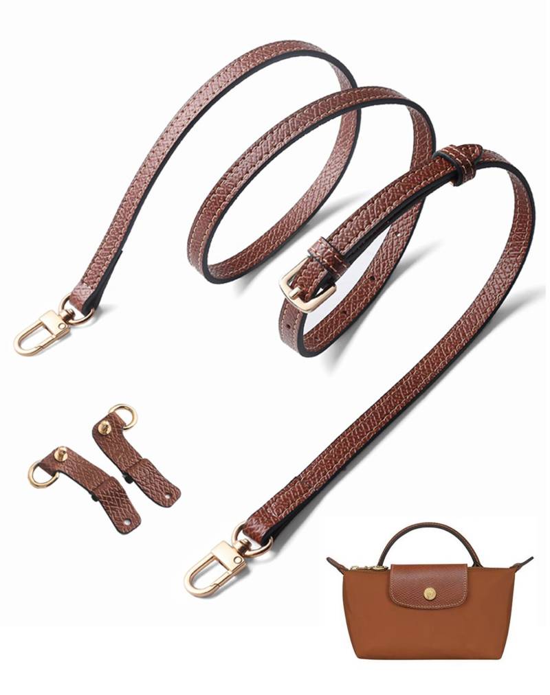 Umiup Schultergurt für Longchamp Leder Geldbörsenriemen für Umrüstsatz, Schulterriemen aus Leder für Minitaschen, Original Mini Tasche Pouch Bag Strap, Verstellbarer Ersatz Umhängegurt (Brown+Gold A) von Umiup