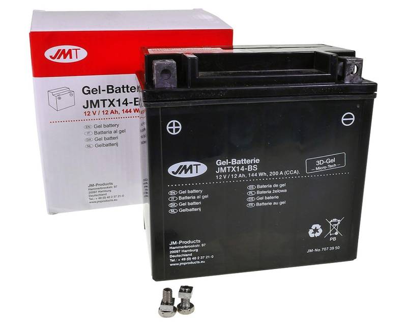 JMT Batterie 12 V 12 Ah (YTX14-BS) [wartungsfrei & versiegelt] kompatibel für Piaggio/Vespa MP3 400 LT ie, X7 250, X8 125 Premium von JMT