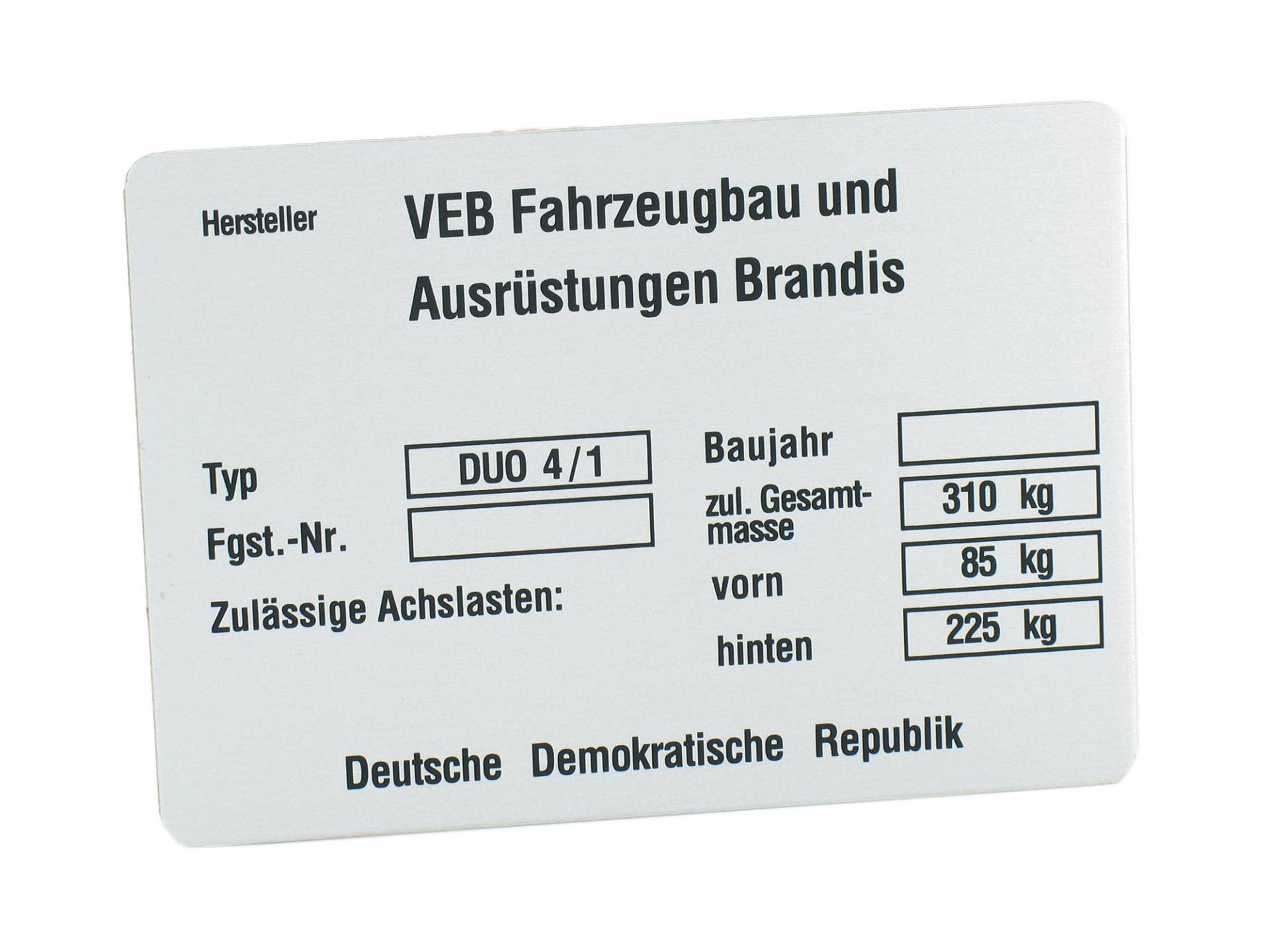 Typenschild passend für Duo 4/1 alte Ausführung (Aluminium) von Replika