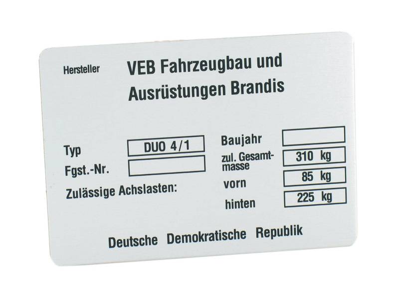 Replika Typenschild passend für Duo 4/1 alte Ausführung (Aluminium) von Replika