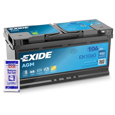 Exide EK1060 AGM Starterbatterie 106Ah 950A + 10g Pol-Fett für Alpina, Audi, Bentley, BMW, Fiat, Hyundai, Iveco, Jeep, Land Rover, Mercedes-Benz, Pors von Exide