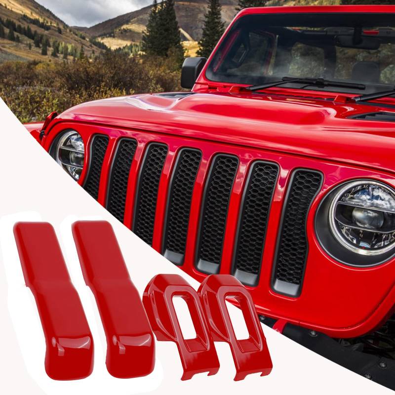 Unifizz Auto 4 Stück Motorhaubenriegel Verriegelung Klammern Abdeckung und Motorhaube Scharnier Abdeckung Set für 2018–2021 Jeep Wrangler JL JLU & 2020–2021 Gladiator JT Außenzubehör Dekoration von Unifizz