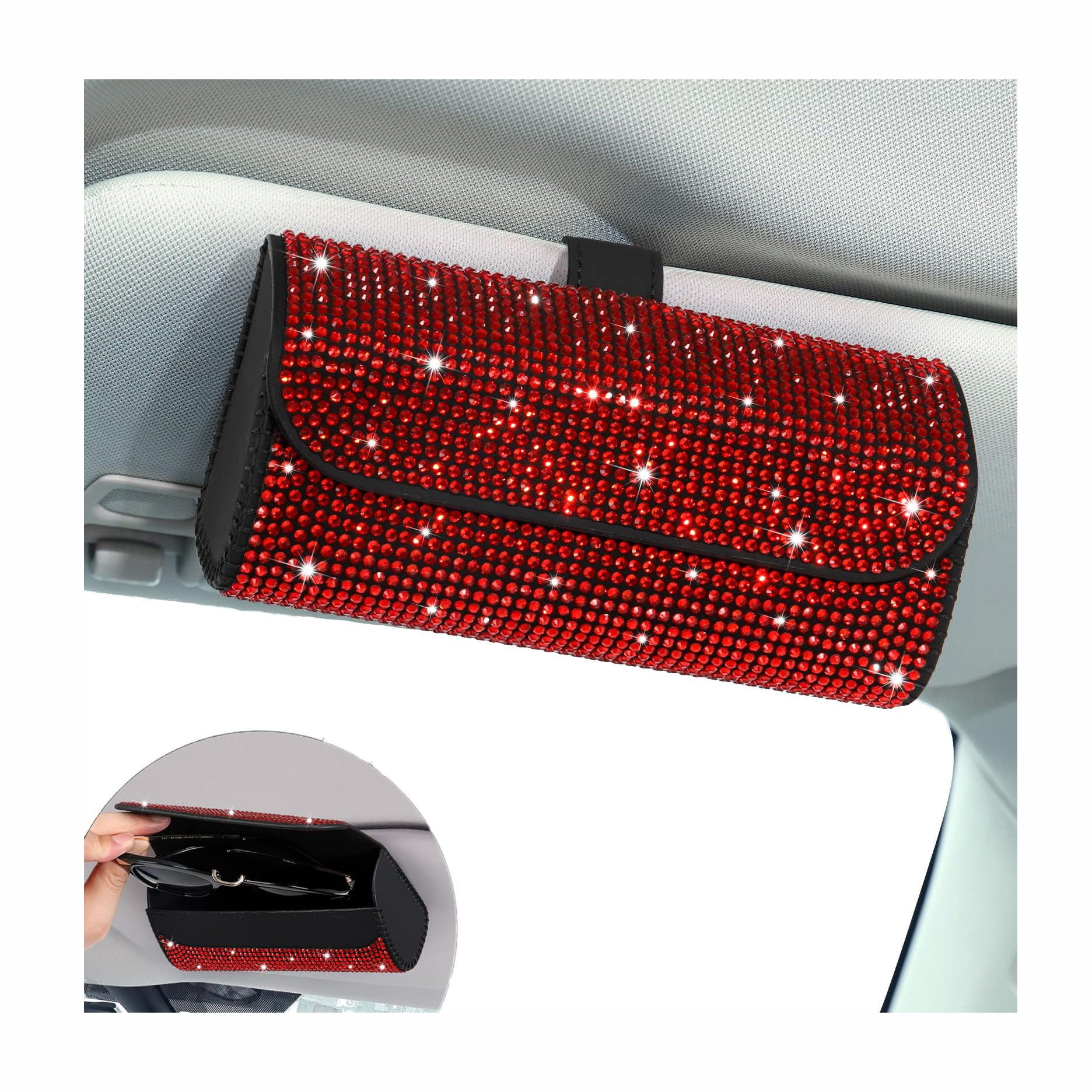 Unifizz Magnetischer Sonnenbrillenhalter für Auto Visier - Strass Brillen Organizer Box mit PU Leder Reise Aufbewahrung für SUV, LKW, Limousine - Roter Strass von Unifizz