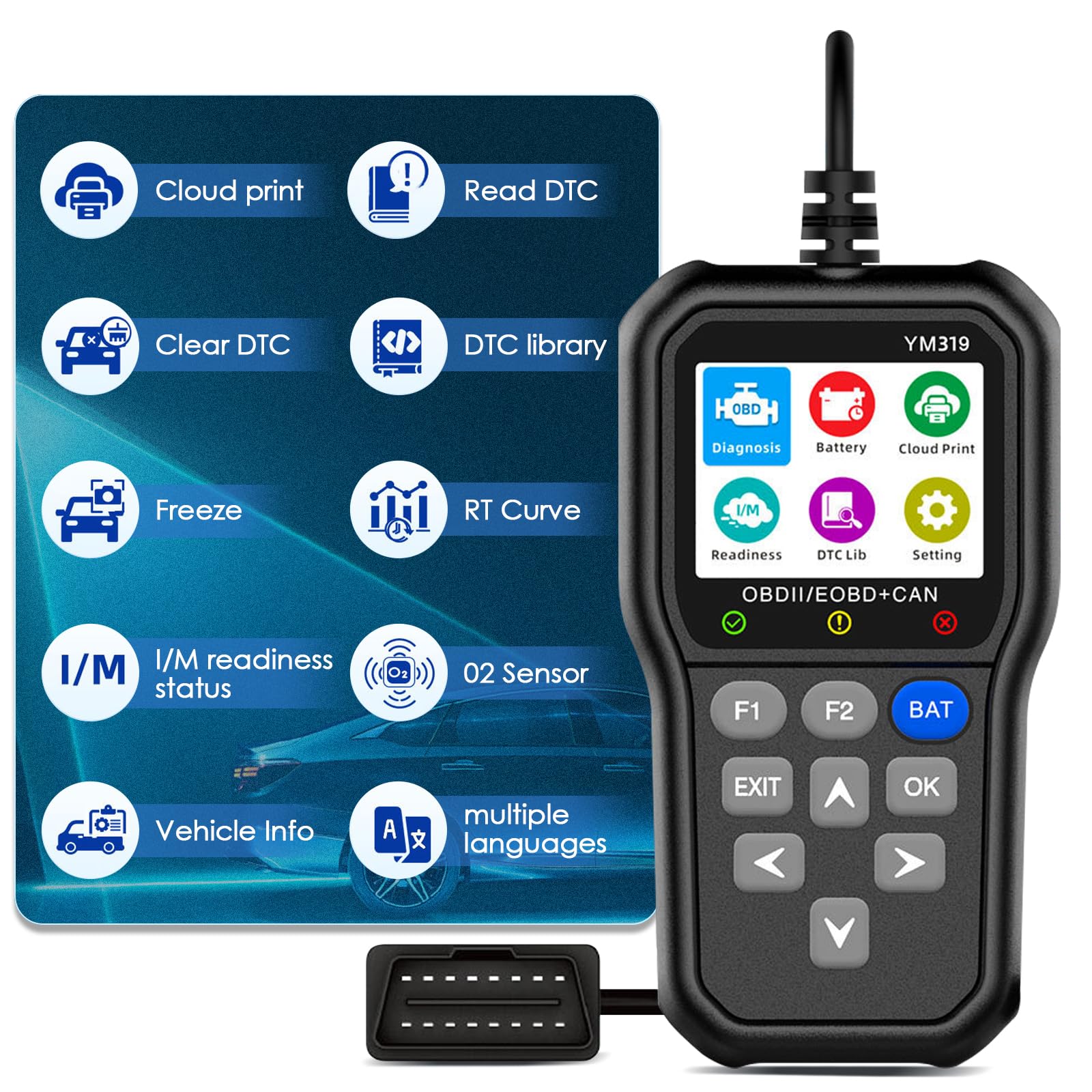 Unipampa OBD2 Diagnosegerät Auto, KFZ Auslesegerät Mit OBD2-Funktionen, Auto Diagnosegerät, Motor Fehlercodeleser, OBD2 Scanner Codeleser, Auto Auslesegerät, 2,4 Zoll IPS Farbbildschirm, 13 Sprachen von Unipampa